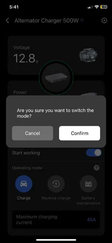 Screenshot of mode switch confirm popup in EcoFlow app