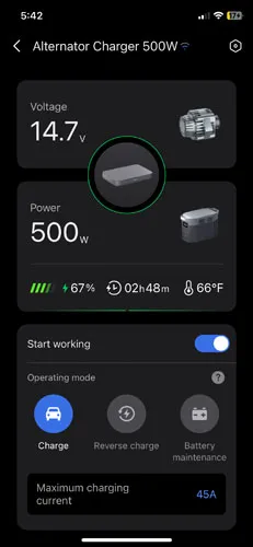 Screenshot of 500W alternator charger with XT150 cable in charge mode in EcoFlow app