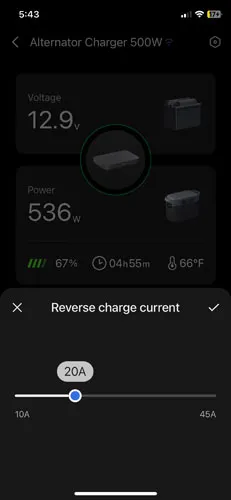 Screenshot of 500W alternator charger with XT150 cable adjusting reverse charge current in EcoFlow app
